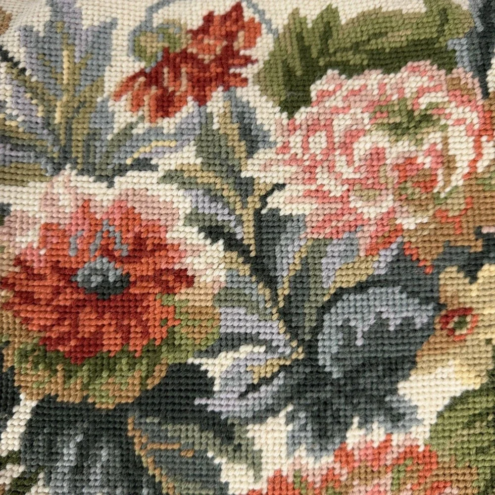 Vintage Floral Needlepoint Pillow Cover Gold Velvet Back Square 14